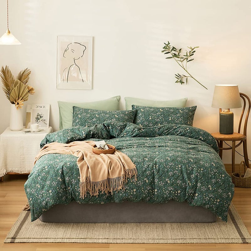 LifeTB Green Floral 100% Jersey Knit Cotton Duvet Cover Queen Vintage Style Botanical Floral Bedding Set Chic Shabby Green Floral Comforter Cover Girl Women Flower Bedding Cover with 2 Pillowcases - Image 2